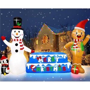 10FT Christmas Inflatable Outdoor Decoration LED Lights Gingerbread Man Snowman
